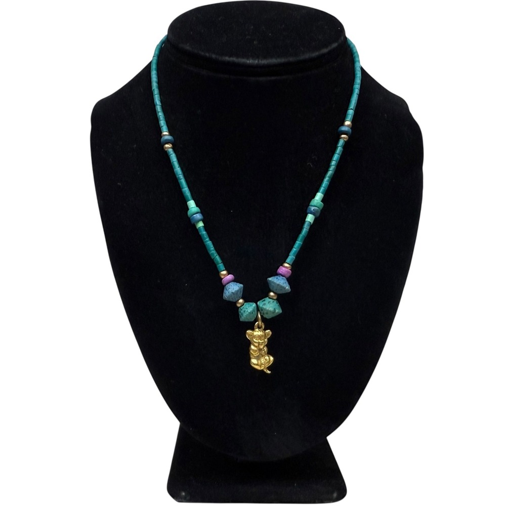 Turquoise Beaded Animal Charm Pendant Necklace Gold Tone Fashion Jewelry 9 in L